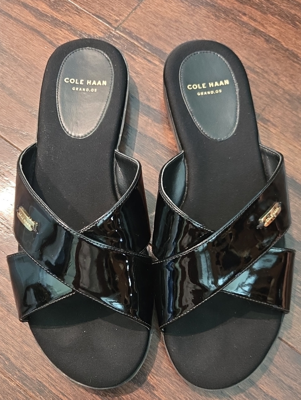 Cole Haan Black Patent Crisscross Slide Mules